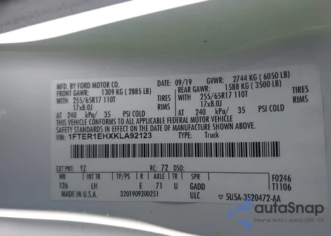 2019 Ford Ranger Xl из США, поврежденный, VIN 1FTER1EHXKLA92123